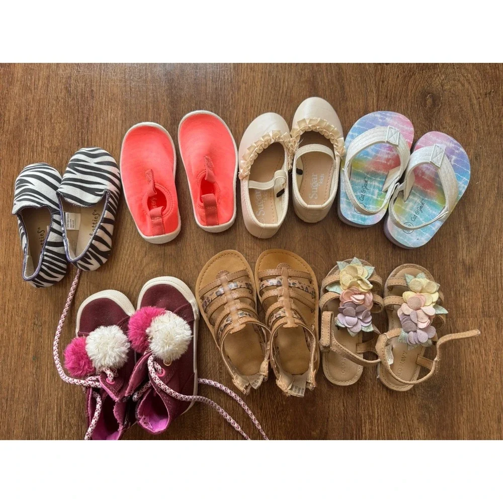 Lot Of 7 Toddler Girls Shoes Size 5-6. Dress, Casual, Water, Active. Mix Brands